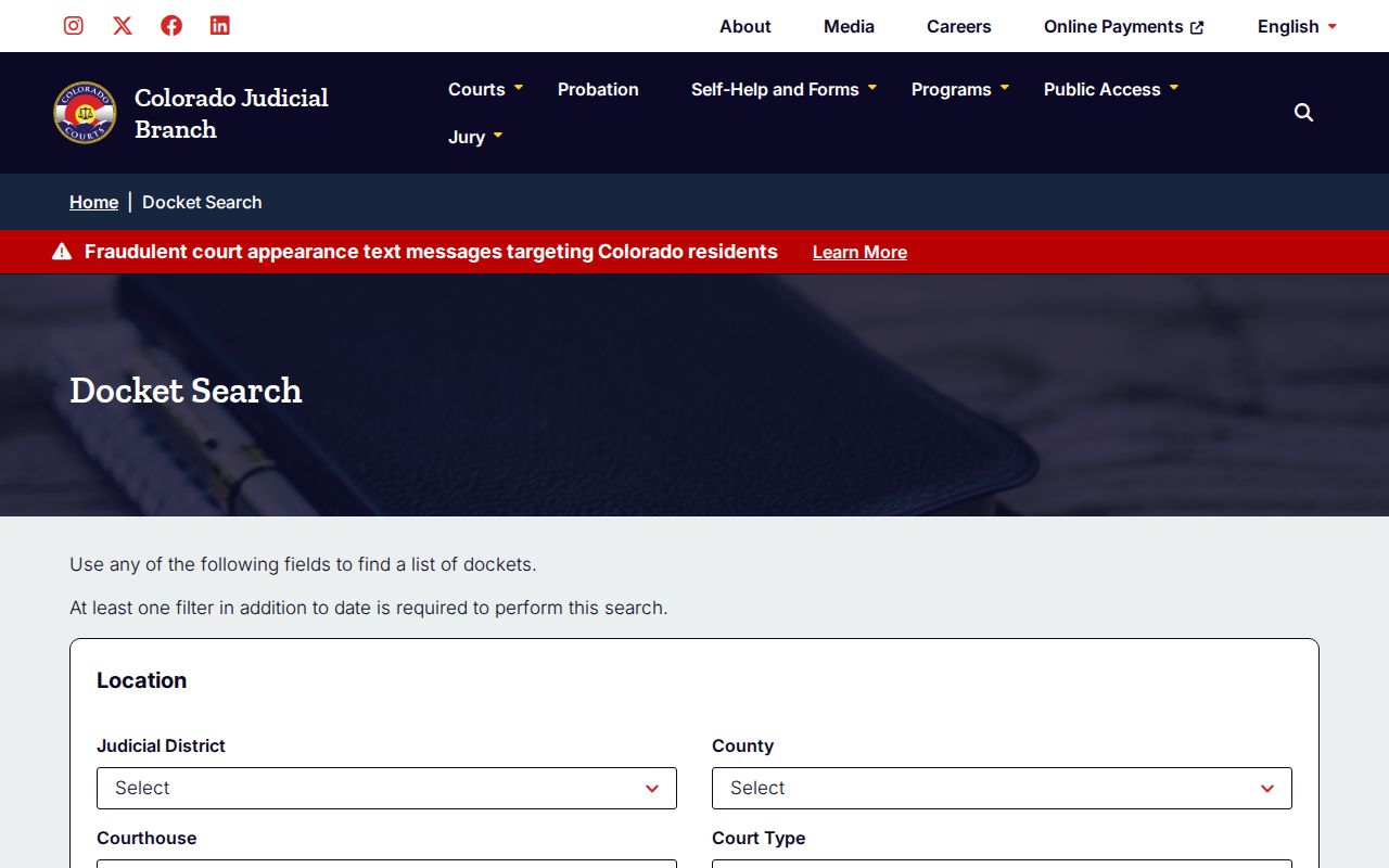 Louisville resident lookup Colorado Judicial Branch docket search