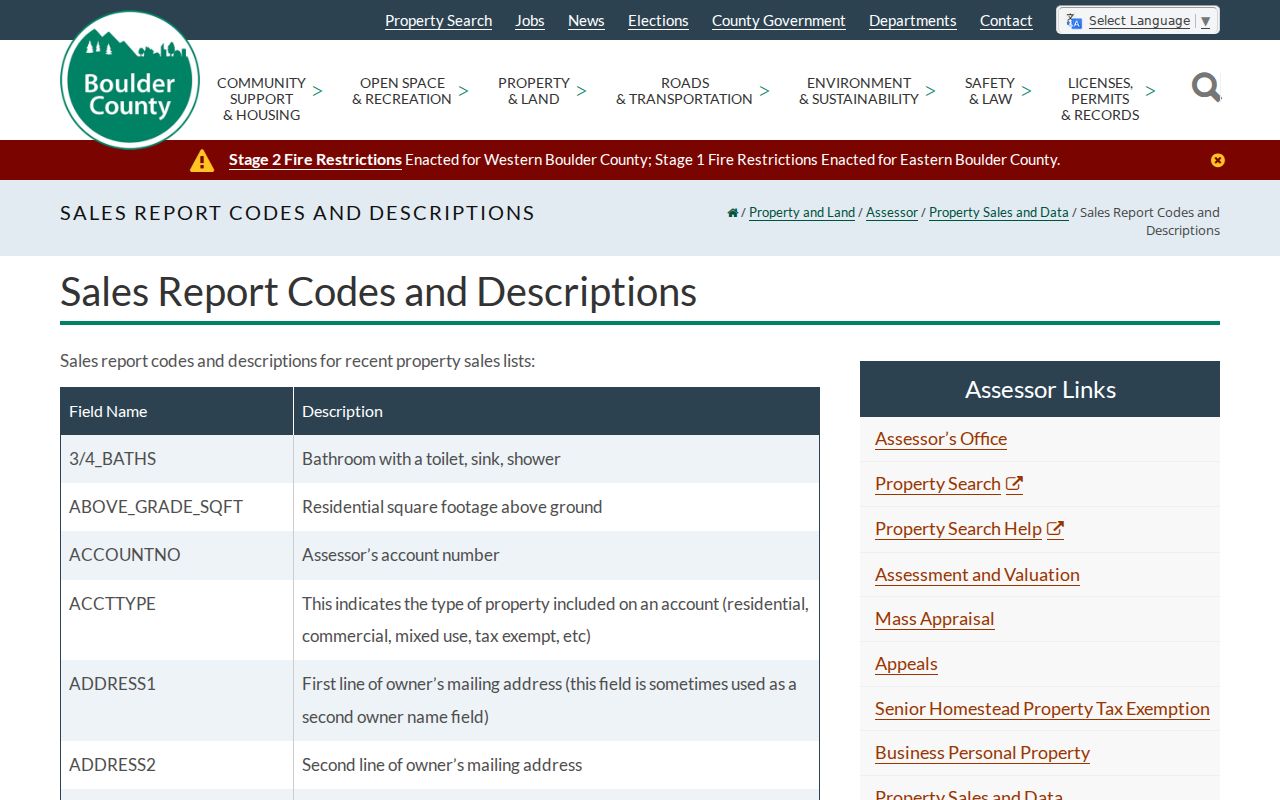 Louisville street directory Boulder County assessor field definitions